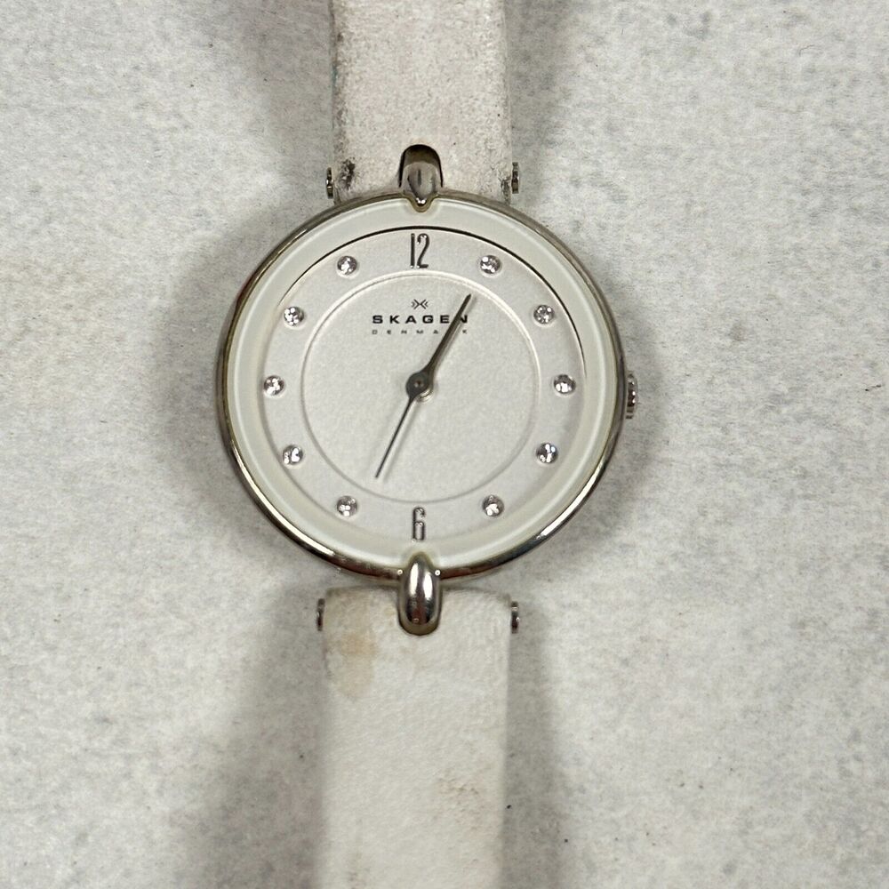 Skagen Watch Women 20mm Round Silver Tone White Band Hiromichi Konno New Battery